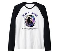 Give Thanks Bibbia Verse Christian Pretty Garden Cat Maglia con Maniche Raglan