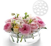 GIVMOR COLOS Vaso per fiori in acrilico, diametro 20,3 cm, rotondo, a prova di perdite, in acrilico trasparente, con 16+5 fori, centrotavola per fiori a basso profilo, per tavolo, trasparente