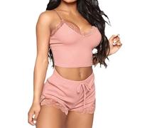 GIVTULIP Pigiama Donna Sexy Cotone Pigiami Due Pezzi Elegante Senza Maniche Pizzo Camicia Notte Cami Top Pantaloncini Indumenti Notte Set di Pigiama Pizzo Biancheria Hot Corto Completo Notte Scollo V