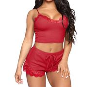 GIVTULIP Pigiama Donna Sexy Cotone Pigiami Due Pezzi Elegante Senza Maniche Pizzo Camicia Notte Cami Top Pantaloncini Indumenti Notte Set di Pigiama Pizzo Biancheria Hot Corto Completo Notte Scollo V