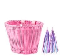Giwnhvx 1 set cestino per bicicletta in vimini rattan + campana + pompon + adesivi accessori per manubrio della bicicletta adulto tessuti a mano regolabili rosa