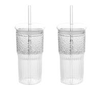 Giwnhvx 2 tazze in vetro da 600 ml per latte e caffè, con coperchio e cannuccia, trasparente, a righe, per acqua, succo, tè