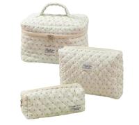 Giwnhvx Borsa cosmetica per il trucco, 3 pezzi, in cotone, trapuntata, estetica, floreale, da donna