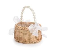 Giwnhvx Cesto di fiori in vimini, stile pastorale, con manico in perle, accessori eleganti per la decorazione di nozze e casa, cesto da damigella d'onore