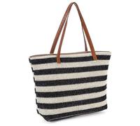 Giwnhvx Grande borsa di paglia morbida con cerniera borsa da spiaggia con striscia intrecciata borsa a tracolla nera