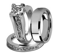 Giwnhvx Set di anelli da sposa principessa in acciaio inossidabile per lui e per il matrimonio con bordo smussato per donne 10 e 12