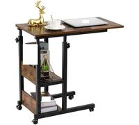 GIYXHU Tavolino regolabile in altezza con ruote e ripiani portaoggetti for letto, tavolino servitore reclinabile con ruote(Brown)