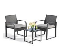 Gizoon Set di 3 mobili da esterno in vimini, moderno set di sedie in rattan con tavolino da caffè, per cortile, bistrot, giardino, balcone, bordo piscina, grigio