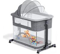 GJGHKLHL Culla da Comodino for Bambini con Ruote e Zanzariera, Altezza Regolabile Cuscino Ispessito di Aggiornamento, for Neonato,Blue(Light Grey)