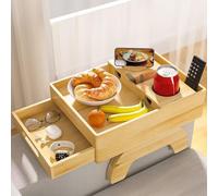 GJHGNFRDK Vassoio Pieghevole per Divano, Vassoio for Divano Pieghevole con Supporto for Telefono Girevole e cassetti in Legno Naturale 35,3x24,8 cm