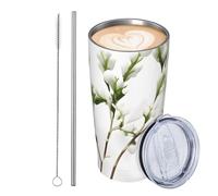 GJHKSSVB Bicchiere da viaggio bianco naturale con ramo verde da 590 ml, in acciaio inox, isolato, a prova di perdite, tazza da caffè da viaggio con coperchio e cannuccia, idea regalo per donne, uomini