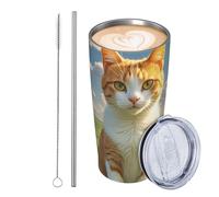 GJHKSSVB Bicchiere da viaggio isolato in acciaio inossidabile con gatto seduto nel campo verde, da 590 ml, a prova di perdite, tazza da caffè da viaggio con coperchio e cannuccia, idea regalo per