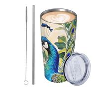 GJHKSSVB Bicchiere da viaggio isolato in acciaio inossidabile con pittura ad acquerello di pavone da 20 once Tumbler da viaggio a tenuta stagna tazza da caffè con coperchio e cannuccia bottiglia