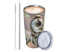 GJHKSSVB Bicchiere da viaggio isolato in acciaio inox con gufo in chicco di caffè, a prova di perdite, con coperchio e cannuccia, ideale come regalo per donne, uomini e amanti