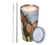 GJHKSSVB Bicchiere da viaggio isolato in acciaio inox da 20 once con cavallo che corre nel campo, a prova di perdite, tazza da caffè da viaggio con coperchio e cannuccia, bottiglia d'acqua per bevande
