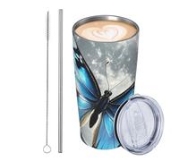 GJHKSSVB Blue Butterfly And Moon - Bicchiere da viaggio isolato in acciaio inox, a prova di perdite, con coperchio e cannuccia, ideale come regalo per donne, uomini e amanti