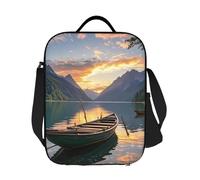GJHKSSVB Borsa termica per il pranzo, per donne e uomini, grande, riutilizzabile, a prova di perdite, con tracolla regolabile, fiume tramonto, barca in legno, per lavoro, viaggi, picnic