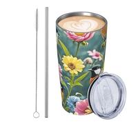 GJHKSSVB Garden With Birds And Flowers - Bicchiere da viaggio isolato in acciaio inox, a tenuta stagna, con coperchio e cannuccia, ideale come regalo per donne, uomini e amanti