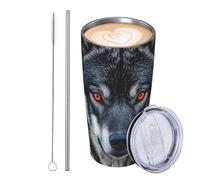 GJHKSSVB Grande lupo nero con occhi rossi 590 ml bicchiere da viaggio isolato in acciaio inox bicchieri da viaggio a tenuta stagna tazza da caffè con coperchio e cannuccia bottiglia d'acqua bicchieri