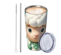 GJHKSSVB Simpatico bicchiere da viaggio isolato in acciaio inox a forma di pecora in stile cartone animato, da viaggio, con coperchio e cannuccia, ideale come regalo per donne, uomini e amanti