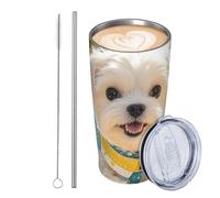 GJHKSSVB Simpatico cucciolo maltese da 590 ml, in acciaio inox, isolato, da viaggio, a prova di perdite, tazza da caffè con coperchio e cannuccia, ideale come regalo per donne, uomini e amanti