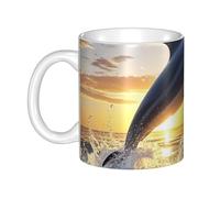 GJHKSSVB Tazza da caffè da 325 ml con manico, tazza da tè con delfini che saltano fuori dall'acqua al tramonto, tazza da caffè in ceramica per uomini e donne ufficio lavoro