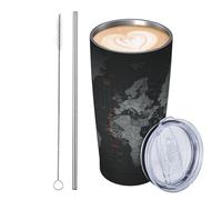 GJHKSSVB Tazza da viaggio con mappa del mondo nera, da 590 ml, in acciaio inox, isolata, a prova di perdite, tazza da caffè da viaggio con coperchio e cannuccia, idea regalo per donne e amanti
