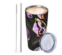 GJHKSSVB Tazza da viaggio con stampa orchidee viola, da 590 ml, in acciaio inox, isolata, a tenuta stagna, da viaggio, con coperchio e cannuccia, ideale come regalo per donne, uomini e amanti