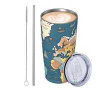 GJHKSSVB Tazza da viaggio isolata con mappa del mondo, da 590 ml, in acciaio inox, a prova di perdite, con coperchio e cannuccia, idea regalo per donne, uomini e amanti