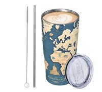 GJHKSSVB Tazza da viaggio isolata con mappa del mondo, in acciaio inox, a prova di perdite, con coperchio e cannuccia, da viaggio, idea regalo per donne, uomini e amanti