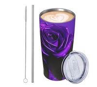 GJHKSSVB Tazza da viaggio isolata in acciaio inox con stampa rosa viola, 590 ml, a prova di perdite, tazza da caffè da viaggio con coperchio e cannuccia, ideale come regalo per donne, uomini e amanti