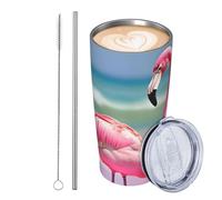 GJHKSSVB Un fenicottero rosa sulla spiaggia 590 ml bicchiere da viaggio isolato in acciaio inox tazza da viaggio a tenuta stagna tazza da caffè con coperchio e cannuccia bottiglia d'acqua bicchieri