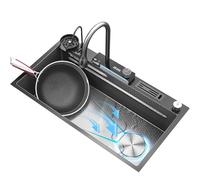 GJPDPZ Lavello da cucina grande in acciaio inox con display digitale e portautensili, design a cascata grigio canna (88 x 48 cm) per cucine moderne