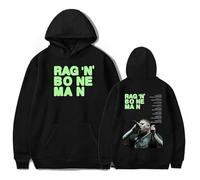 GJRJS Rag'n'Bone Man 2025 Tour Hoodie Girocollo Felpa con Cappuccio, Moda Felpa Maniche Lunghe, Pullover Grafico con Stampa Ampia Hip Hop Streetwear,Nero,XXS