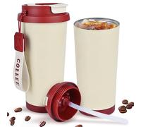 GJV Tazza da viaggio isolata in acciaio inossidabile con coperchio, tazza da caffè da 510 ml, doppia parete sottovuoto, a prova di perdite, include cannucce e corda con manico portatile, bottiglia