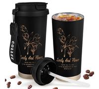 GJV Tazza da viaggio isolata in acciaio inossidabile con coperchio, tazza da caffè da 510 ml, doppia parete sottovuoto, a prova di perdite, include cannucce e corda con manico portatile, stampa
