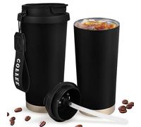 GJV Tazza da viaggio isolata in acciaio inossidabile con coperchio, tazza da caffè da 510 ml, doppia parete sottovuoto, a prova di perdite, include cannucce e corda con manico portatile, stampa