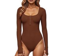 GJY Body da donna, chiusura a bottone, scollo rotondo, maniche lunghe, casual, taglio sottile, camicette, Russet marrone, M