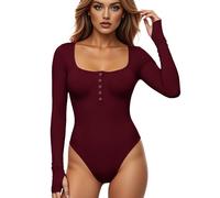 GJY Body da donna, chiusura a bottoni automatici, scollo rotondo, maniche lunghe, tuta casual dal taglio slim, camicie top, Vino, M
