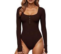 GJY Body da donna, chiusura a bottoni automatici, scollo rotondo, maniche lunghe, tuta casual dal taglio slim, camicie top, caffè, L