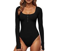 GJY Body da donna, chiusura con bottone a pressione, girocollo, maniche lunghe, casual, taglio slim, Nero , M
