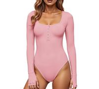 GJY Body da donna, chiusura con bottoni automatici, scollo rotondo, maniche lunghe, casual, taglio stretto, rosa dolce, XXL