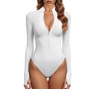 GJY Body da donna con zip frontale a maniche lunghe, bianco, XL