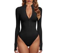 GJY Body da donna in un pezzo con zip frontale a maniche lunghe, top e tute, Nero , M