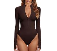 GJY Body da donna monopezzo con zip frontale a maniche lunghe top tute, caffè, XL