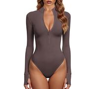 GJY Body da donna monopezzo con zip frontale a maniche lunghe top tute, L