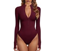 GJY Body da donna monopezzo con zip frontale a maniche lunghe top tute, Vino, XL