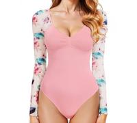 GJY Body da donna, sexy, con scollo a V, a maniche lunghe, in rete, con schiena scoperta, body modellante, tuta, tuta monopezzo, adatto per uscire, Fiore rosa, XXL