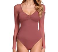 GJY Body da donna, sexy, con scollo a V, a maniche lunghe, in rete, con schiena scoperta, per modellare il corpo, tuta monopezzo, adatto per uscire, Rosso ruggine, XL