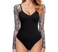 GJY Body da donna, sexy, con scollo a V, a maniche lunghe, in rete, con schiena scoperta, per modellare il corpo, tuta monopezzo, adatto per uscire, nero-bianco, XXL